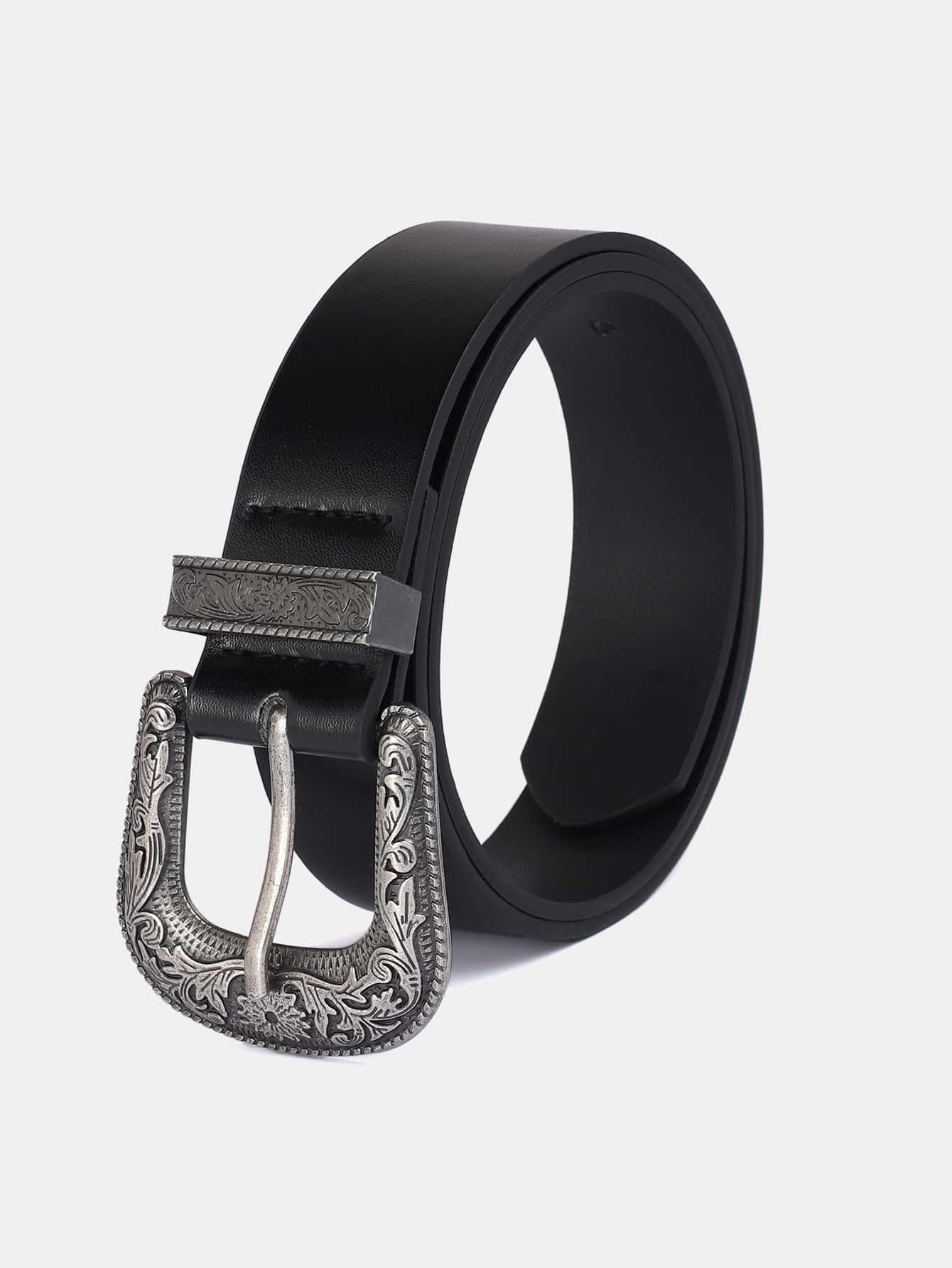 1pc Solid Color Retro PU (Polyurethane) Women's Decorative Belt With Carved Buckle, Suitable For Daily Wear - A - View 1