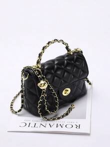 1pc Pink PU Quilted Diamond Pattern Embroidered Chain Bag, Fashionable Flap Twist Lock Small Square Bag, Versatile Shoulder Crossbody Bag Suitable For Daily Commute, Hanging Out With Friends, Shopping, Afternoon Tea - Black - View 5