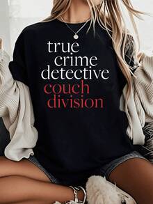 Plus Size Fashion T-Shirt - Women's Short Sleeve T-Shirt, Slim Fit, Casual Print - Eye-Catching Text Design, With White Fonts Displaying "True", "Crime", "Detective", And Bright Red Fonts Displaying "Couch Division", With A Perfectly Soft Feel, Comfortable Crew Neck T-Shirt (For A Loose Fit, Please Refer To The Size Chart) - Unisex, Suitable For Casual Daily Outings, Short Sleeve Summer Top, Retro Y2K Print T-Shirt. - 黑色 - 查看 6