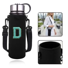 1pc 550-1500ML Sports Water Bottle Insulated Bag, Crossbody Cup Sleeve Protective Cover With Adjustable Shoulder Strap, Water Bottle/Cup Storage Bag, Embroidered Green Letters A-Z - Black - View 42