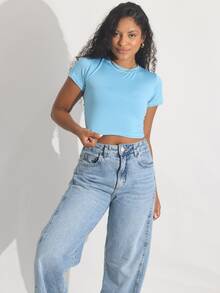 Kit 3 Cropped Women's Blouse Short Sleeve BabyLook Suplex Basic Casual - 藕粉色 - 查看 2