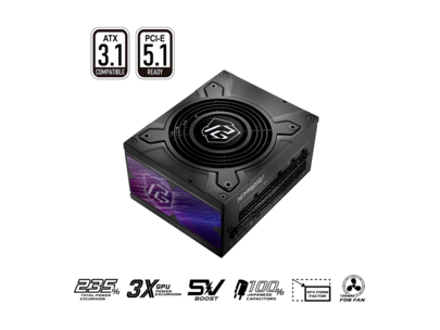 Fuente de alimentación modular ASRock Phantom Gaming PG-850PSF de 850W 80 PLUS GOLD y Cybenetics PLATINUM, lista para ATX3.1 y PCIe5.1 con cable dual color 12V-2x6, 10 años de garantía