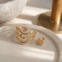 2pcs Gold Wavy Bangle & Ring Set, Unique European And American Design, Adjustable Open Style, Versatile For Work And Dating - Gold - View 2