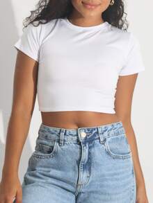 Kit 3 Cropped Women's Blouse Short Sleeve BabyLook Suplex Basic Casual - 藕粉色 - 查看 8