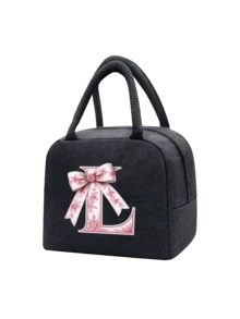 Elegant Pink Bow Pattern Insulated Lunch Bag, Large Capacity Student Lunch Storage Bag, Portable Travel Picnic Bag; Multi-Functional Tote Bag. Black Cutlery Storage Bag. Spring/Summer Essential. Suitable For Office, Outdoor, Vacation, Travel, School. Birthday Gift, Wedding Accessory, Back To School Gift, Mother's Day Gift, Bridesmaid Gift, Easter Gift. Suitable For Family, Friends And Couples - A - View 24