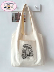 Minimalist Mushroom Line Print Canvas Tote Bag - Beige - View 3