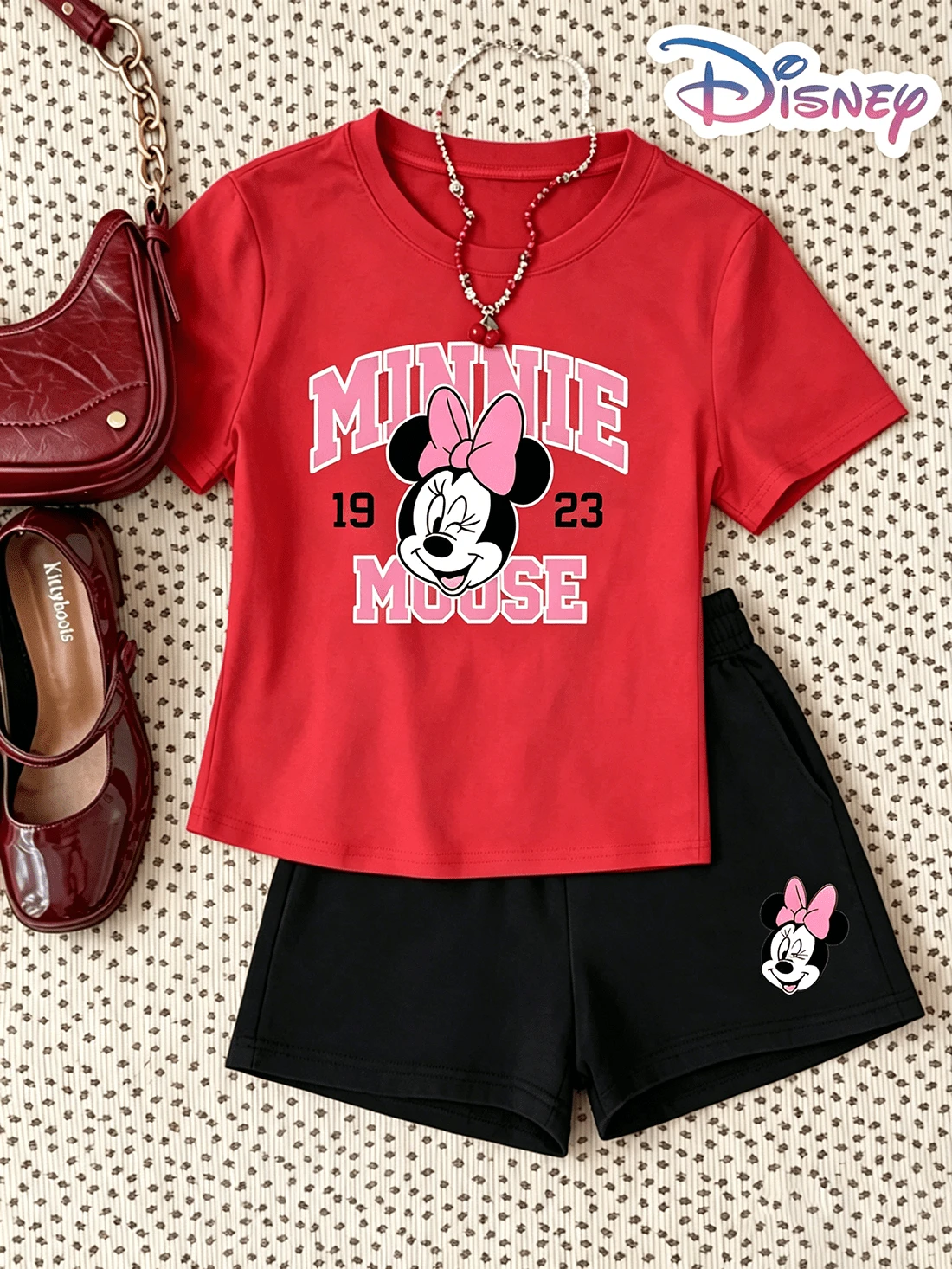 Disney Minnie Mouse Schoolgirl Print Two-Piece Set For Teenage Girls, Y2K Patterned T-Shirt And Shorts Set, Casual Printed Loungewear Set, Perfect For Holiday Gifting. (Disney T-Shirt/Teen Girl Clothes/2 Piece Summer Outfit/Holiday Outfits For Women/Girls Clothes/Coords Sets Women Summer/Patterned T-Shirt) - Red - View 1