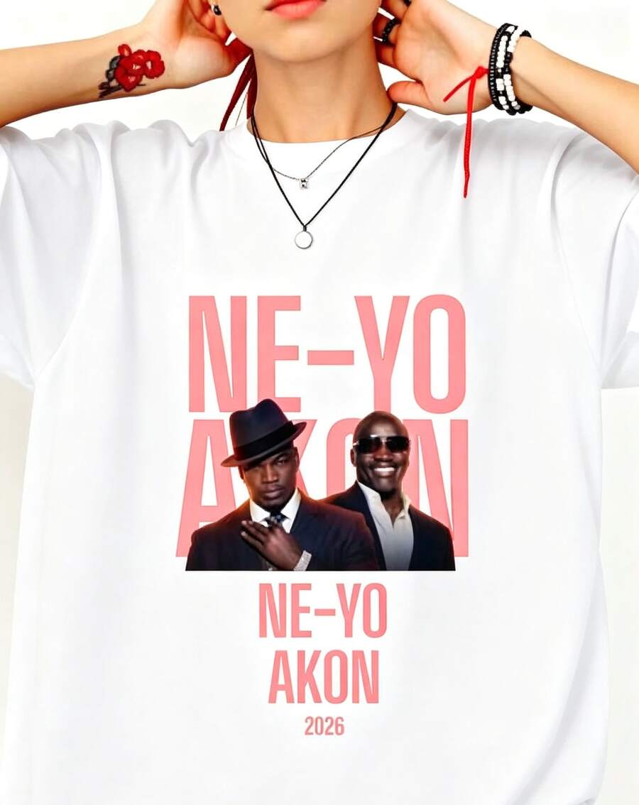 Casual Streetwear Style Women's T-Shirt Ne Yo Akon 2026 Concert Tour Graphic Summer And Autumn Clothing Gift For Music Lovers And Fans 100% Cotton, Classic Unisex Graphic Print T-Shirt – Perfect For Everyday Wear. Casual Cotton Summer Shirt: Soft, Lightweight And Comfortable To Wear. Stylish, Relaxed Design – Ideal For Women And Men. Crew Neck T-Shirt, Sports Top, Going-Out Shirt. Suitable As Outdoor Wear, Workwear, For The Office, Holidays Or Graduation. Casual T-Shirt With A Close Fit; Available As A Slogan Shirt, Quote Shirt, With A Minimalist Graphic Design Or Fun Motif. Ideal For Beach Parties, Surfing, Picnics Or As A Gift. Perfect As An Airport Outfit And For Every Season: Spring, Summer, Autumn And Winter. 3DOB - White - View 1