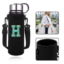 1pc 550-1500ML Sports Water Bottle Insulated Bag, Crossbody Cup Sleeve Protective Cover With Adjustable Shoulder Strap, Water Bottle/Cup Storage Bag, Embroidered Green Letters A-Z - Black - View 112