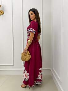 Women's Long Dress With Short Sleeves, Defined Waist, Print, And Elegant Casual Style. - Vino Marsala 5 - Ver 3