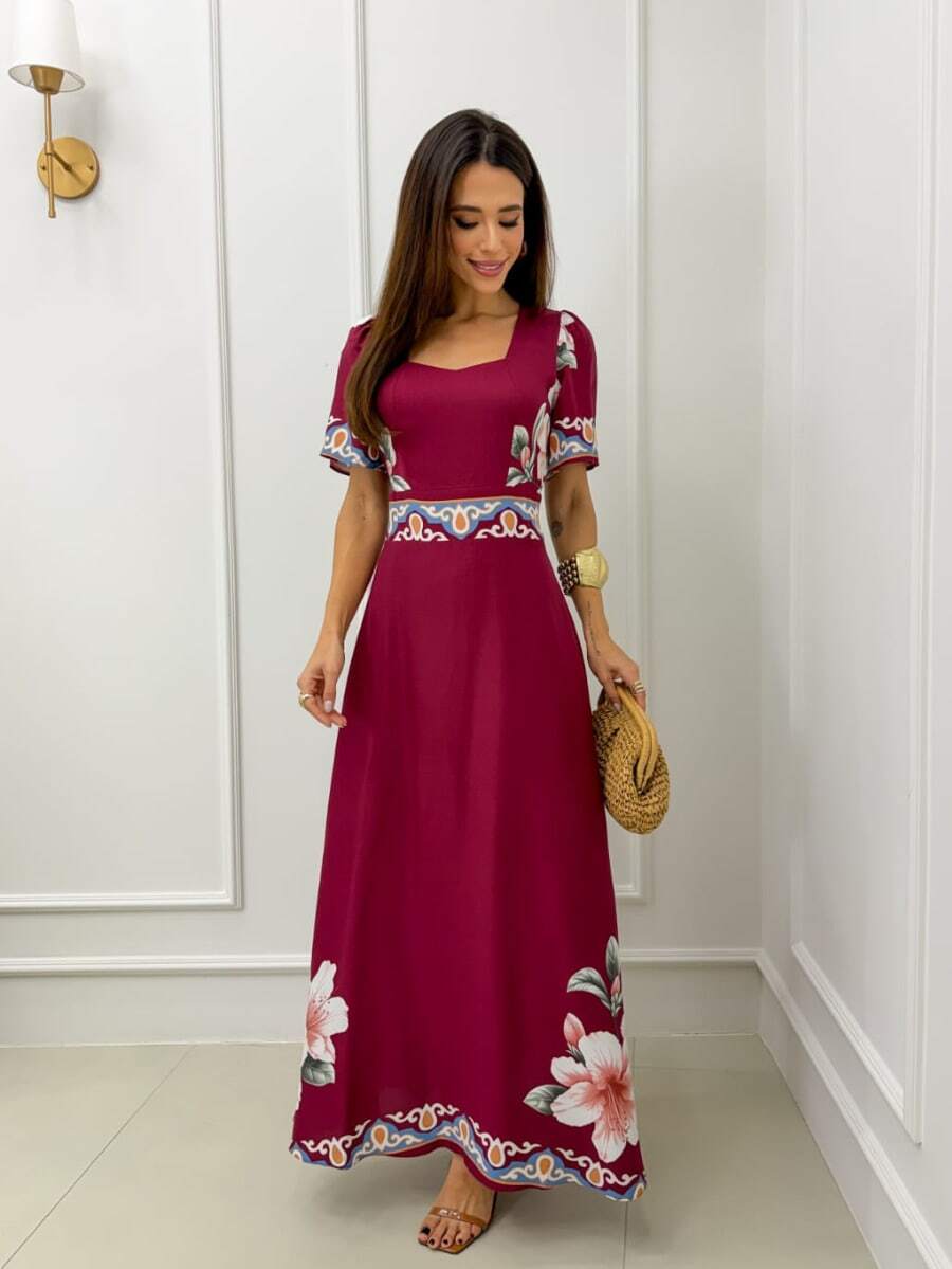 Women's Long Dress With Short Sleeves, Defined Waist, Print, And Elegant Casual Style. - Vino Marsala 5 - Ver 1