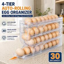 4-Tier Auto-Rolling Egg Holder For Refrigerator, 30 Egg Capacity Fridge Organizer, Slim 7cm (2.8in) Width Space-Saving Egg Storage Tray, Frosted Clear Plastic Egg Dispenser For Kitchen Countertop & Fridge Door, 1PC/2PC - 透明白[4層約30蛋] - 查看 11