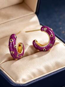Women's Gold-Plated C-Shaped Hoop Earrings, Paired With Rose Red Enamel And Multicolor Cubic Zirconia, Exquisite And Personalized Design, Suitable For Daily Commute And Workwear, An Ideal Gift For Fashion Enthusiasts - Gold - View 3