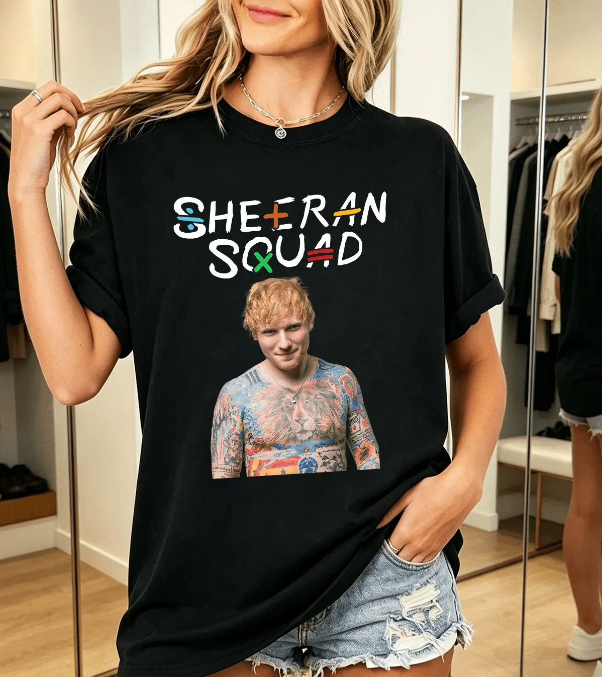 Ed Sheeran Y2K Pop Star Figure Print Summer Short Sleeve Oversized T-Shirt, 100% Cotton, Unisex - Black - View 1