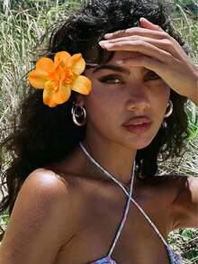 1pc Orange Tropical Flower Hair Clip For Women Girls, Large Orange Hibiscus Hair Pin Hawaiian Beach Floral Accessories For Summer Vacation Luau Party Wedding,Travel,Birthday, Claw Clips - Orange - View 2