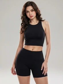 KyrLssu Quần short nữ cạp cao không đường may, kiểu dáng thường ngày. - màu đen - Xem 3