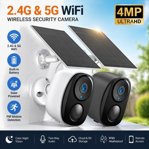 SANSCO Cámara solar de 4MP (Paquete de 2), Cámaras de inalámbricas para el hogar inteligente, Cámaras inalámbricas con batería de 2K 2.4GHz y 5Ghz WiFi para del hogar, Detección de movimiento con IA, Visión nocturna a color, Audio bidireccional