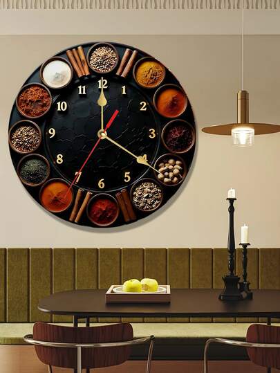 1 stuk stille ronde houten klok van 10/12 inch met diverse kruiden en specerijen, quartz uurwerk, meerkleurig met gouden accenten, werkt op batterijen (AA-batterijen niet inbegrepen), geschikt voor slaapkamer, keuken, studeerkamer, garage, kerstdecoratie, woonkamer