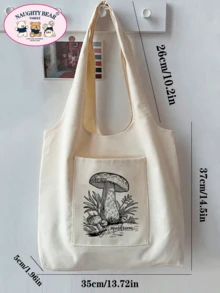 Minimalist Mushroom Line Print Canvas Tote Bag - Beige - View 2