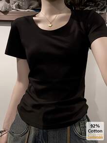 2件装藏蓝色+黑色短袖T恤，修身纯色休闲女式上衣，春夏款 - 藏青色+黑色 - 查看 3
