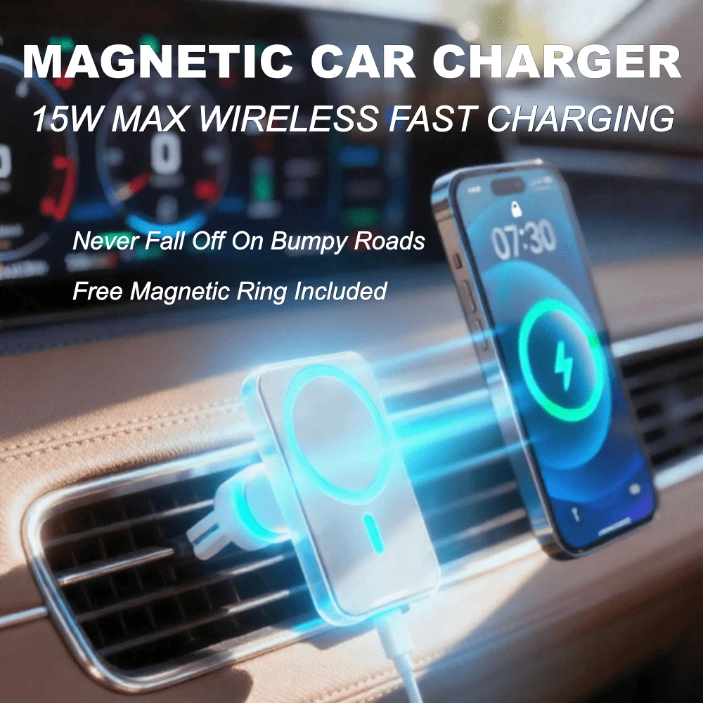 15W 磁吸車用無線充電器 快充出風口支架 強磁 360°旋轉 通用相容 iPhone Android 手機 免磁吸環 - 彩色 - 查看 1