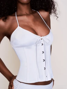 Women's Tie Front Button Down Cami Top Y2k Spaghetti Strap Square Neck Satin Bustier Corset Tops Lace Up Camisole Going Out Top - trắng - Xem 3