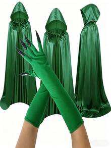 Bộ 1/2 áo choàng hóa trang Halloween ma cà rồng và phù thủy kèm bộ móng tay giả, áo choàng satin, cổ đứng có mũ trùm đầu, áo choàng thần chết màu đen, áo choàng đen và móng tay giả ma cà rồng. - Nhiều màu - Xem 7