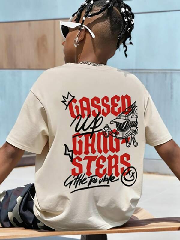 1 pieza Camiseta de manga corta con estampado de letras de grafiti de verano nueva para niños, camiseta casual de cuello redondo suave, camiseta de estilo hip hop con patrón de dibujos animados para niños, versátil para la escuela y el ocio
