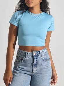 Kit 3 Cropped Women's Blouse Short Sleeve BabyLook Suplex Basic Casual - 藕粉色 - 查看 3