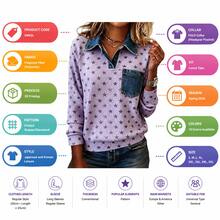 Women's Daisy Print Patchwork Sweatshirt Polo Collar Ribbed Texture Casual Long Sleeve Top - Pink - View 8