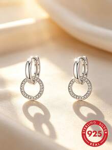 1 Đôi bông tai bạc S925 kiểu vòng tròn lồng vào nhau, đính đá Zirconia tổng hợp, trang sức thanh lịch và sang trọng để đeo hàng ngày dành cho nữ. - Bạc - Xem 1
