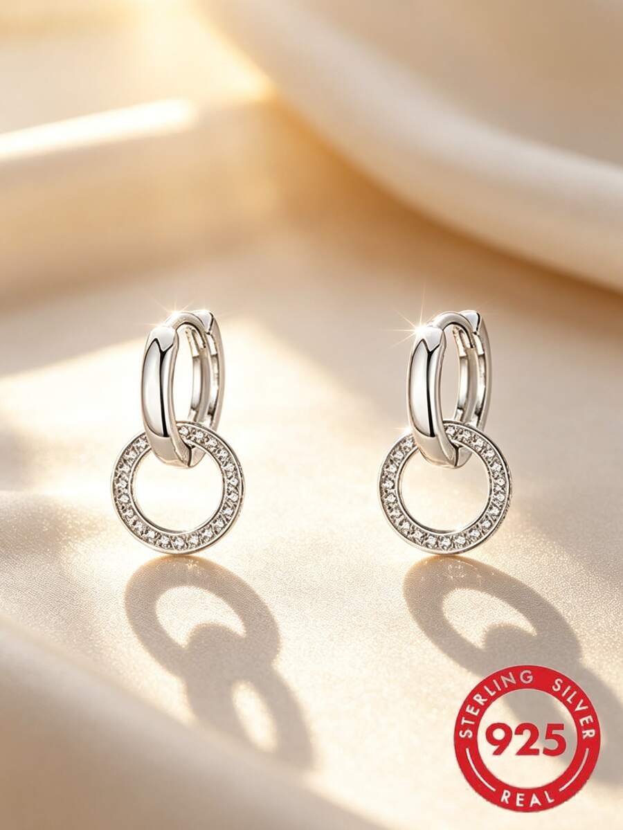 1 Đôi bông tai bạc S925 kiểu vòng tròn lồng vào nhau, đính đá Zirconia tổng hợp, trang sức thanh lịch và sang trọng để đeo hàng ngày dành cho nữ. - Bạc - Xem 1