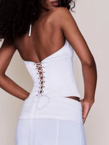 Women's Tie Front Button Down Cami Top Y2k Spaghetti Strap Square Neck Satin Bustier Corset Tops Lace Up Camisole Going Out Top - trắng - Xem 4