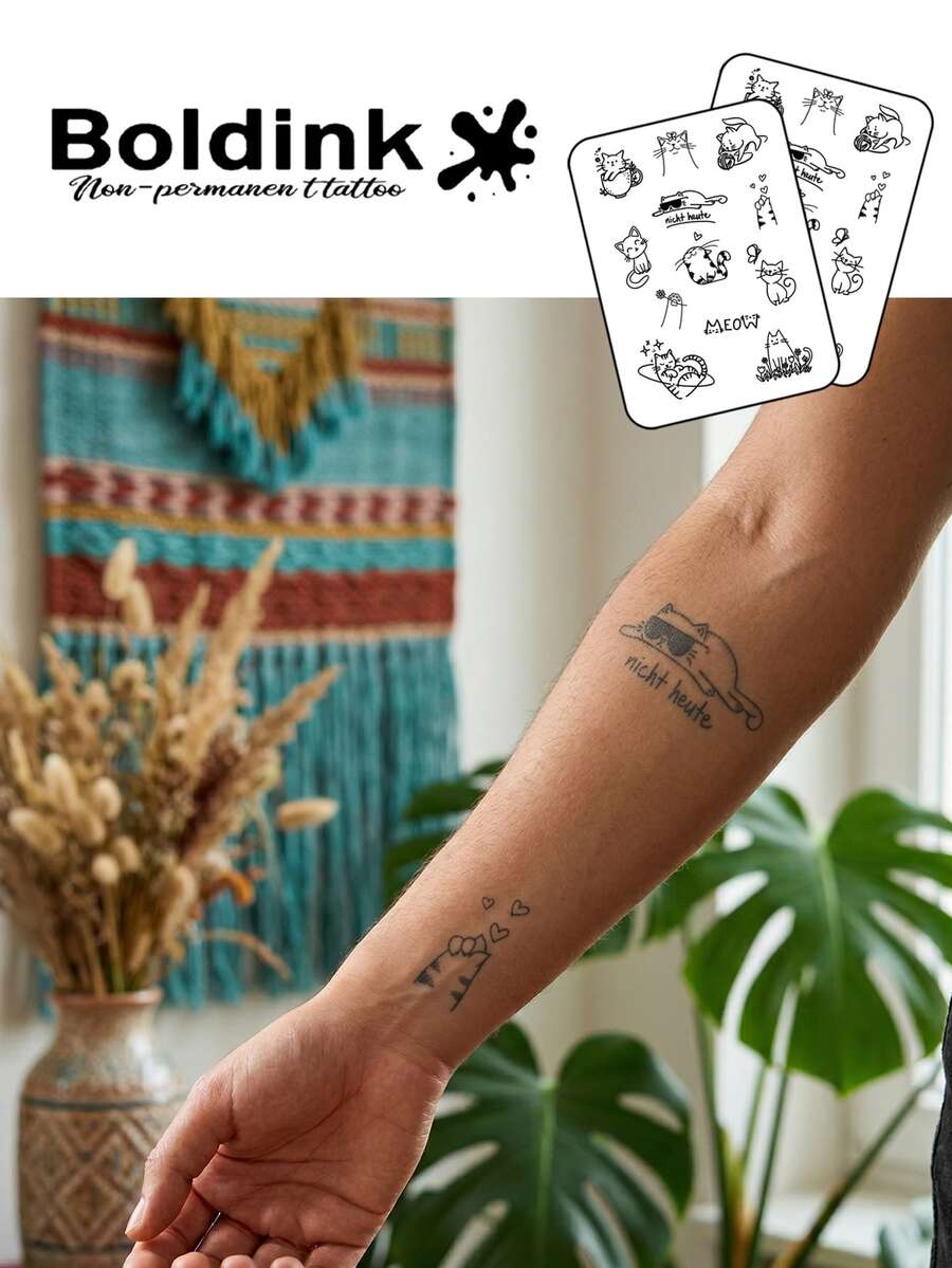 Boldink 2张可爱猫咪临时纹身贴纸,防水,可持续1-2周,植物配方,温和亲肤,日常佩戴的完美身体装饰,中国风男女皆宜的礼物 - 黑色 - 查看 1