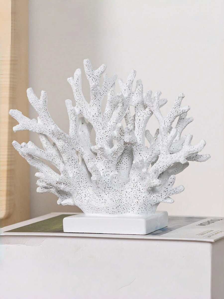 白色树脂珊瑚雕塑,海洋主题家居装饰,适用于海滩/海岸/航海风格的橱柜、架子和桌面装饰。 - A - 查看 1