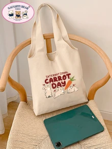 1 chiếc túi tote vải bố màu be in hình thỏ dễ thương và chữ tiếng Anh, thích hợp để đi mua sắm và sử dụng ngoài trời. - Màu be - Xem 4