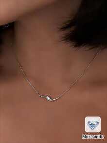 1 chiếc vòng cổ bạc S925 đính đá Moissanite 0.3CT, kiểu dáng sóng nhẹ, dây chuyền xương đòn thanh lịch tối giản, trang sức thủ công dành cho nữ, quà tặng cưới, thời trang cho ngày Valentine và cả trang phục công sở thường ngày. - Bạc - Xem 1
