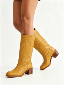 Knee High Boots Square Toe Chunky Block Heel Long Boots For Women Comfortable Low Heel Womens Boots - Yellow - View 5