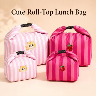 Roll Top Insulated Lunch Bag, Large Reusable Portable Lunch Box Bag With Adjustable Buckle Closure, Wide Opening Design, Striped Embroidered Lunch Tote Water-Resistant Minimalist Picnic Bag For Women Office Workers Students School Camping Spring Summer Outdoor Use