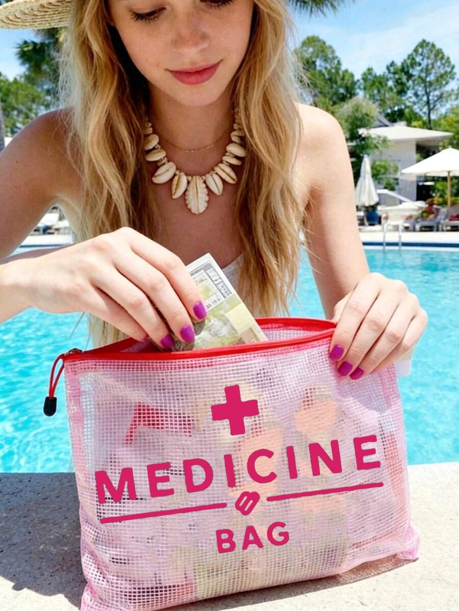 First Aid Kit" Labeled, First Aid Medical Emergency Bag, Outdoor Medicine Storage Pouch, A4 Size Grid Cosmetic Bag, Travel Organizer Bag, Makeup Bag, Skincare Pouch, Bathroom Storage Bag, Document Bag, Student Dormitory Toiletry Bag, Can Hold Medicine, Cosmetics, Earphones, Chargers, Hair Clips, Lipsticks, Etc., Mother's Day Gift, Teacher's Day Gift, Excluding Consumables - Multicolor - View 1
