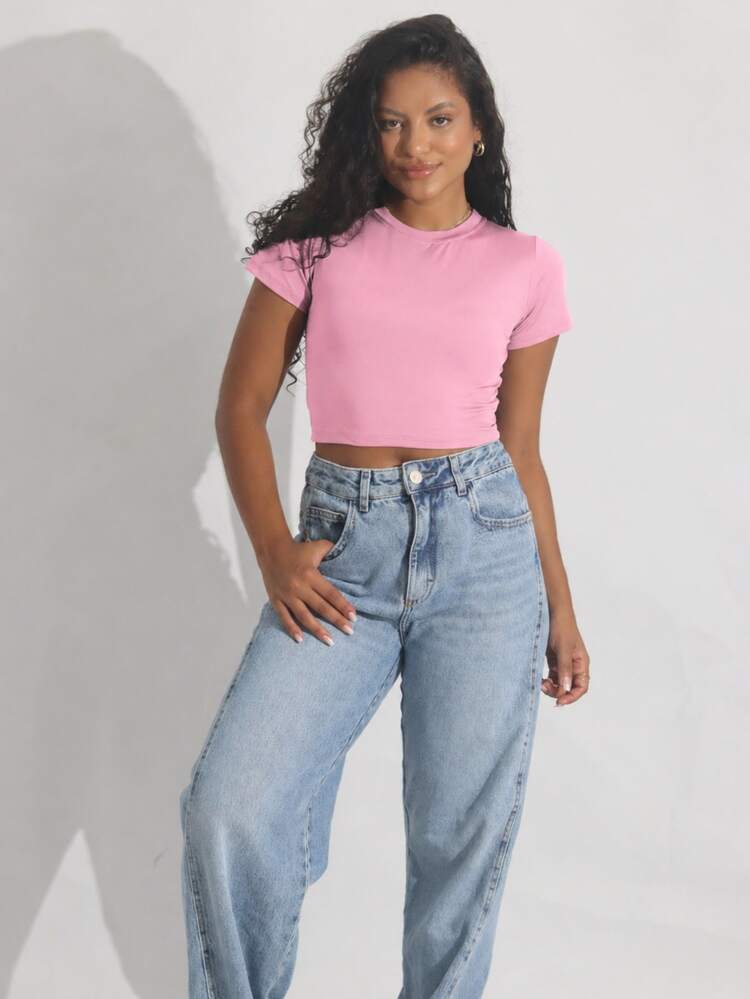 Kit 3 Cropped Women's Blouse Short Sleeve BabyLook Suplex Basic Casual - Dusty Pink - View 5