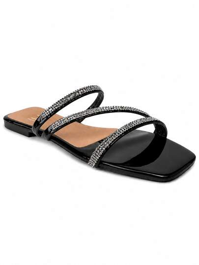 Sapato Sandália Feminina Rasteira com Strass Z Peito do Pé Fechada Estilo Blogueira Confortável Glamuroso E Leve