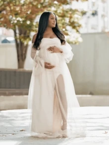 Maternity Chiffon Lantern Sleeve White Dress With Side Slit, Sexy Long Dress Suitable For Baby Shower Party, Photo Shoot Spring - White - View 11