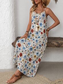 Women's Floral Print Casual Sleeveless Dress For Vacation - Multicolor - View 1