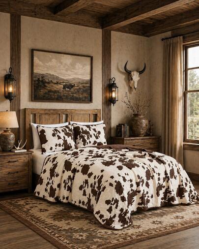 Western Cowhide Quilt Bedding Set 3 Piece | Ranch Style Bedspread Coverlet Set | Soft Microfiber Quilt With Shams