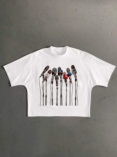  FRACTYR Men's Summer Casual Microphone Graphic Short Sleeve T-Shirt, Loose Fit Letter Print Streetwear Loose Batwing Sleeve Tee, Essential For Dates And Gatherings, Fashionable Outfit, Suitable As Boyfriend Gift, Breathable And Comfortable For Outdoor Wear
