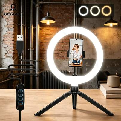 UEGOGO 1 pieza Luz de anillo LED de 10 pulgadas para gabinete, soporte de teléfono, espejo, iluminación para maquillaje, video, fotografía, selfie, vlog, transmisión en vivo de maquillaje