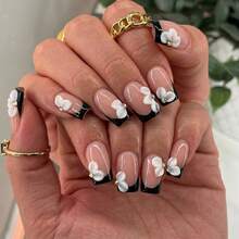Handmade Press On Nails, Short Square Acrylic Fake Nails With 3D White Flower & Black French Tip, Reusable Elegant False Nails For Women - Nhiều màu - Xem 2