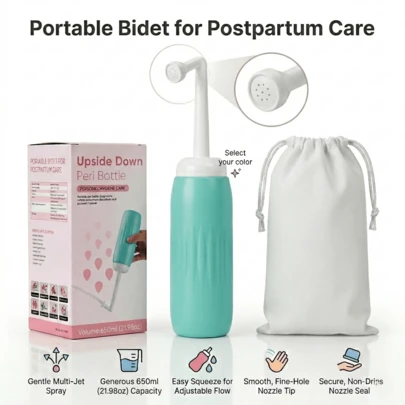 Pulvérisateur de soin du post-partum portable et de voyage, grande capacité de 650 ml (21,98 oz) avec buse extensible à 9 trous, vaporisateur de soins d'hygiène personnelle ergonomique pour la grossesse, le traitement des hémorroïdes, le camping en plein air et les soins pour bébé, conception étanche en EVA avec sac de rangement étanche