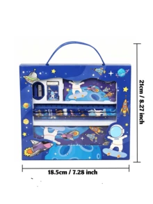 Bộ hộp quà văn phòng phẩm 7 món, hộp bút đa năng cho trẻ em gồm vở vẽ, thước kẻ, tẩy, 2 bút chì và gọt bút chì, bộ đồ dùng học tập ngày thiếu nhi, quà tặng sinh nhật cầm tay cho bé trai và bé gái. - Phong cách phi hành gia màu xanh dương - Xem 11